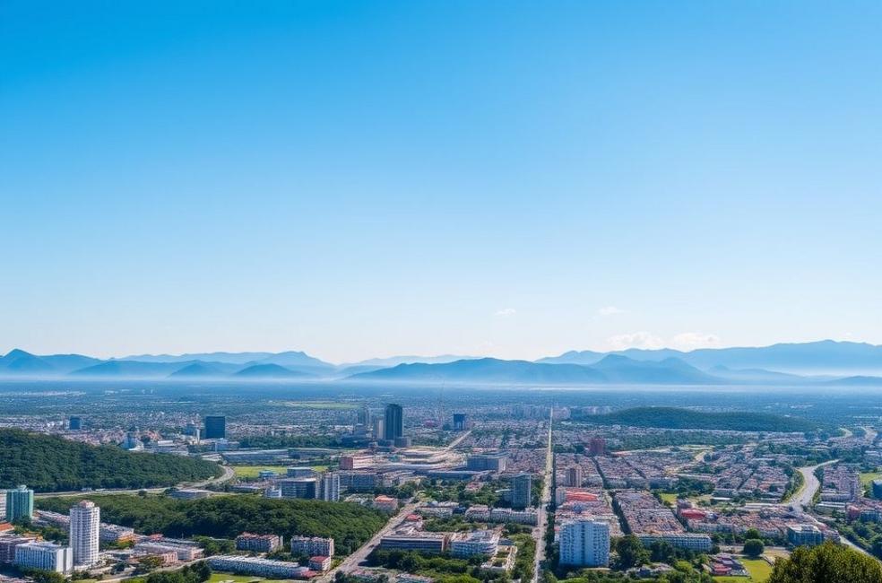 Vista panorâmica de Belo Horizonte com montanhas ao fundo e uma cidade vibrante.