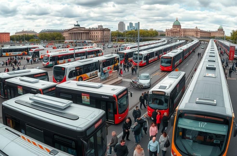 Vista panorâmica de um centro de transporte movimentado em Berlim, com ônibus e bondes.