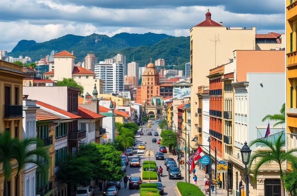 Vista acolhedora de Bogotá mostrando suas opções de hotéis e vida cultural vibrante.