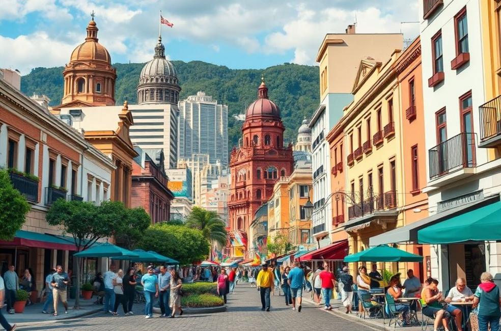 Cenas vibrantes de Bogotá com ruas movimentadas e pessoas desfrutando de atividades sociais.