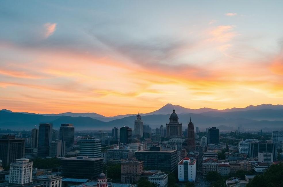 Horizonte de Bogotá ao pôr do sol, com montanhas ao fundo.