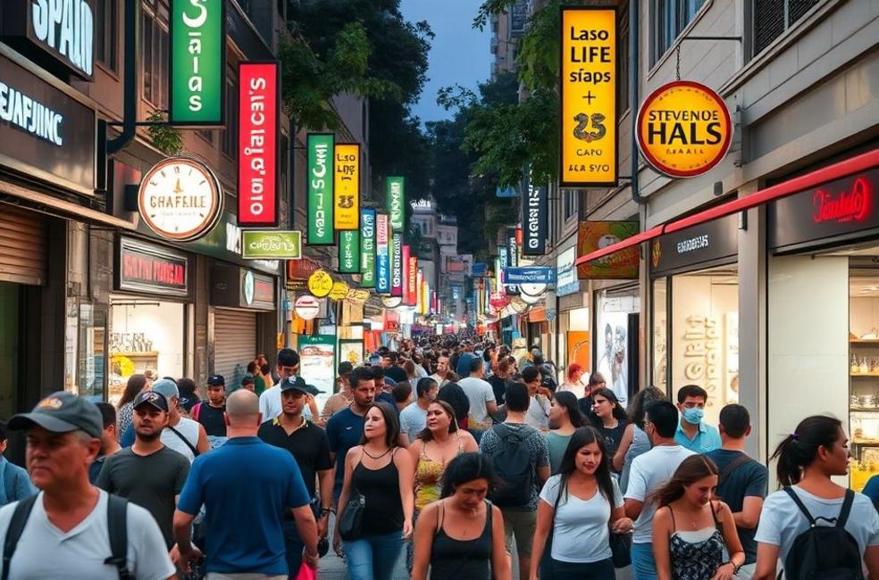 Uma rua cheia de vida em São Paulo, com pessoas e atividade vibrante.