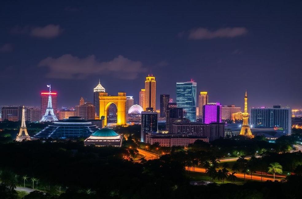 Vista deslumbrante de Orlando à noite, cheia de luzes de parques temáticos