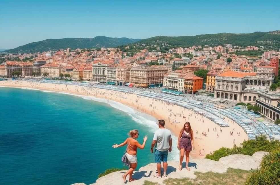 Deslumbrante panorama das praias de Nice, repleto de vida.