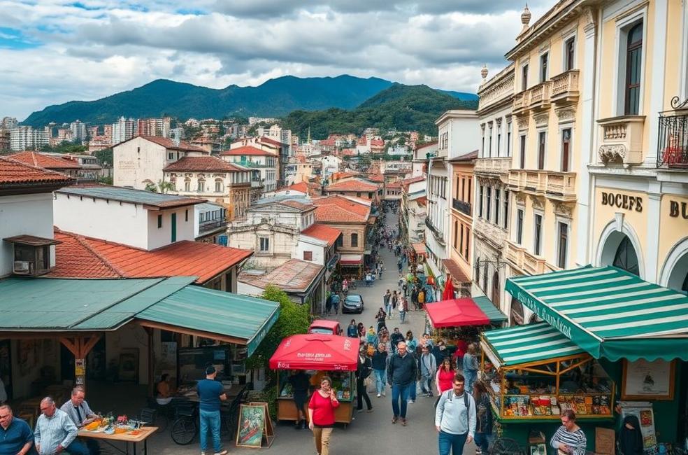 Vista emocionante da cultura vibrante de Bogotá com turistas e arte local.