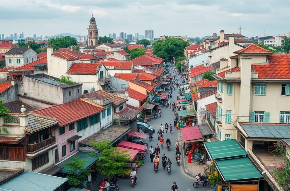 Vista panorâmica do antigo bairro de Hanói, com ruas vibrantes e edifícios históricos.