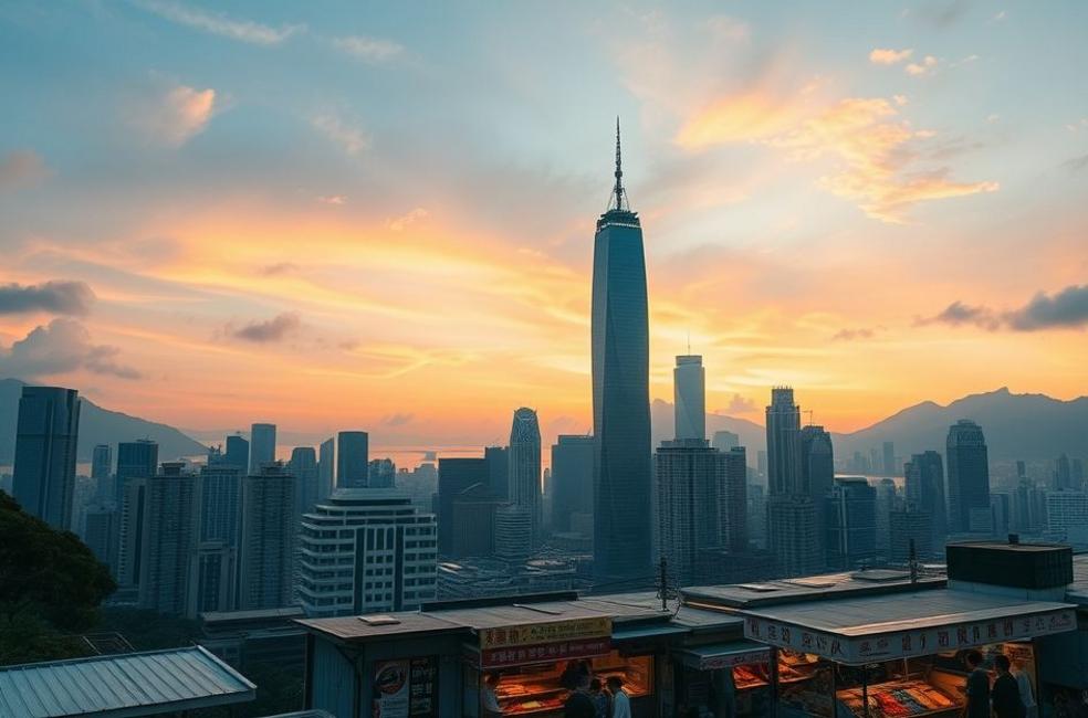 Vista da cidade de Hong Kong ao pôr do sol, destacando a gastronomia local