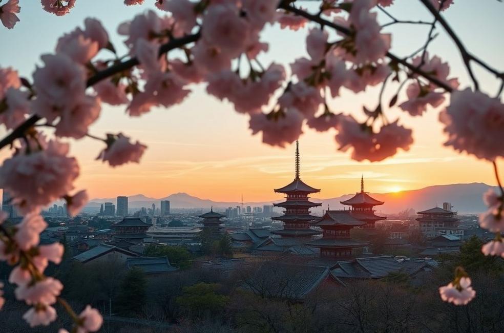 Vista pitoresca de Kyoto ao entardecer com templos históricos e flores de cerejeira.