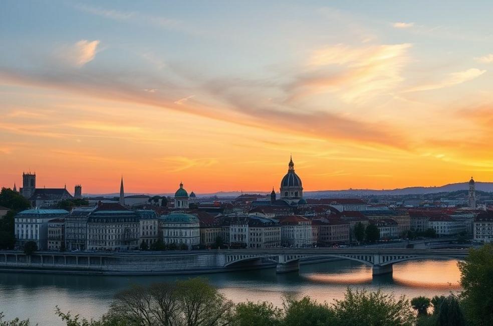 Vista de Lyon ao pôr do sol, refletindo sua rica herança culinária.