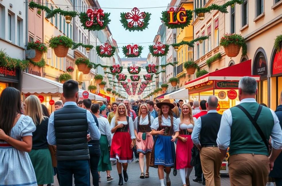 Rua em Munique durante um festival local, com pessoas vestindo trajes tradicionais e barracas de comidas típicas.