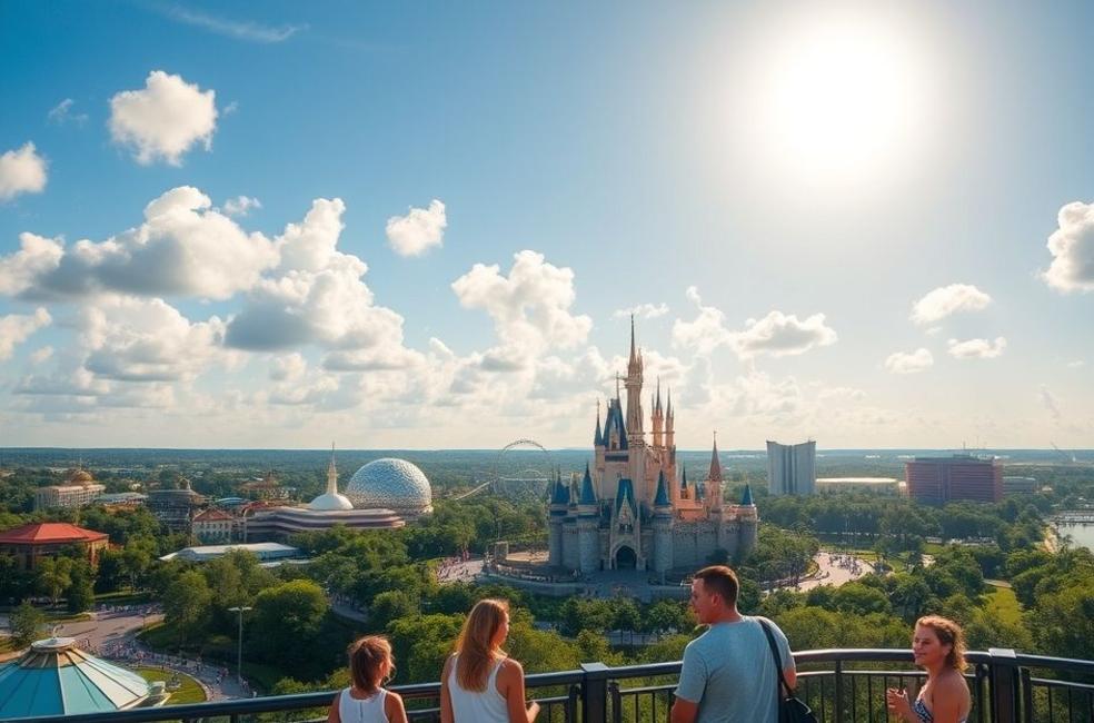 Vista panorâmica dos parques temáticos de Orlando, com famílias se divertindo em um dia ensolarado.
