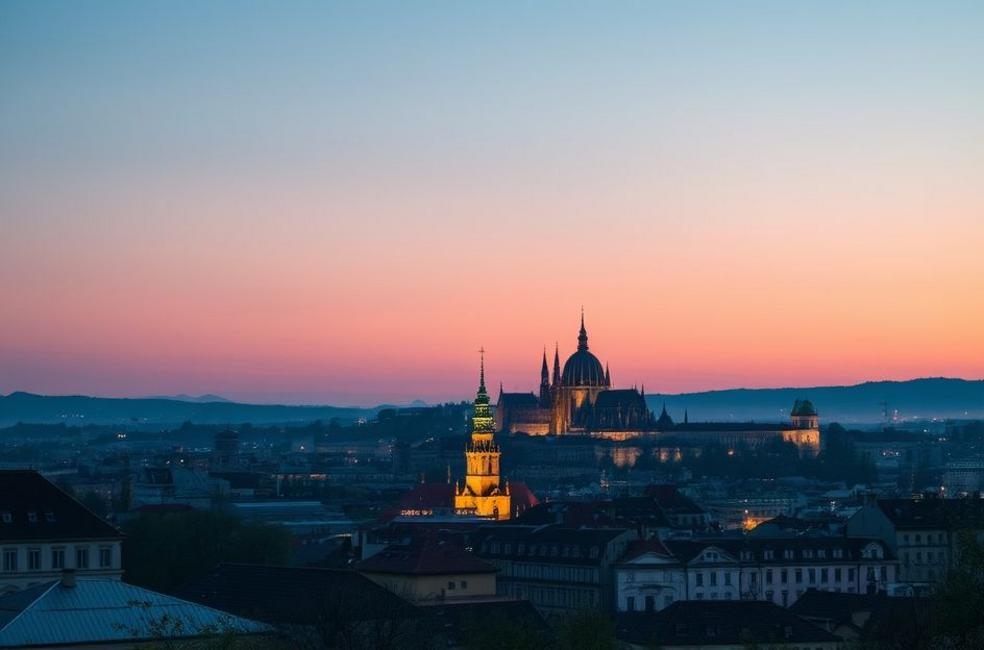 Imagem do horizonte de Praga ao anoitecer, com iluminação suave.