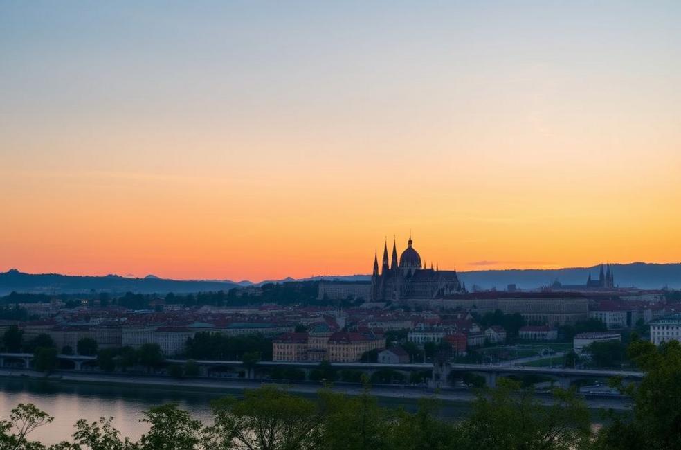 Vista panorâmica do castelo de Praga ao pôr do sol.