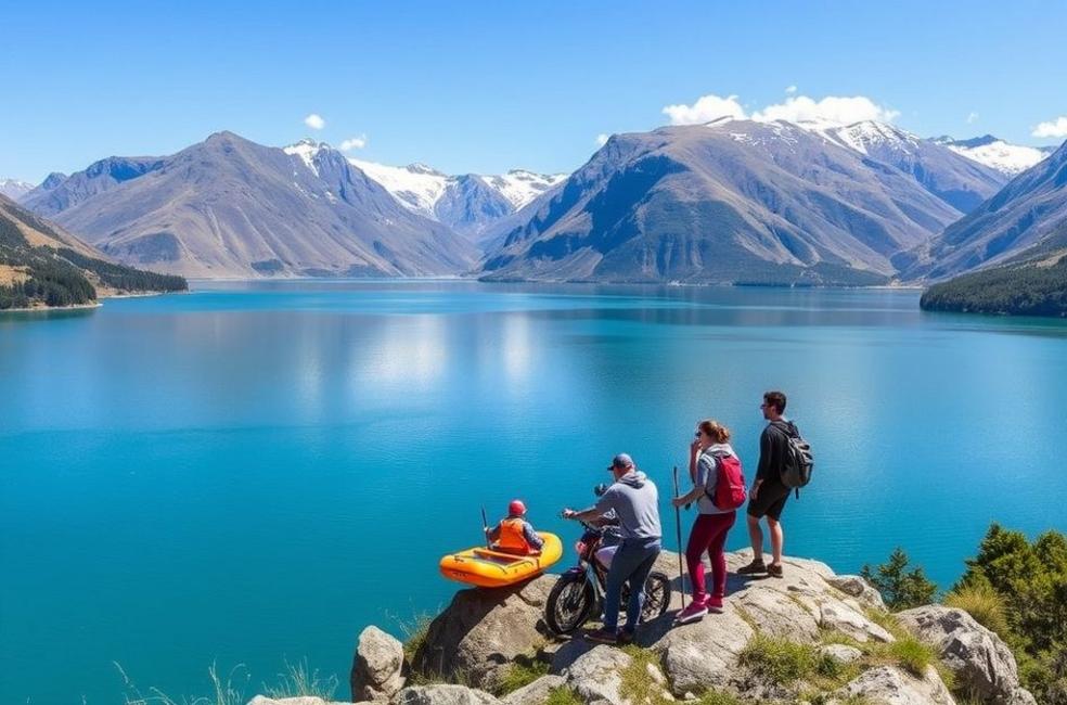 Paisagem vibrante de Queenstown, repleta de atividades ao ar livre e montanhas majestosas.