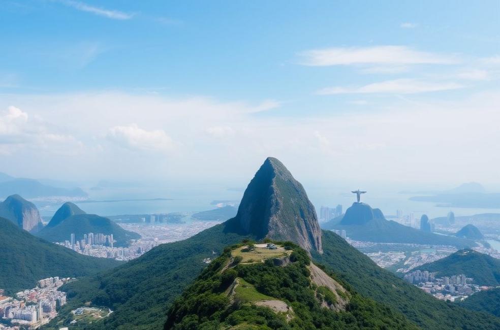 Vista do Rio de Janeiro com o Pão de Açúcar e o Cristo Redentor ao fundo.