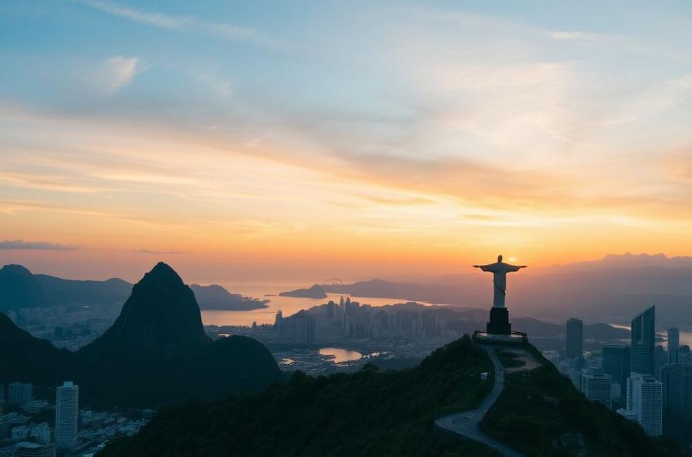 Panorama da cidade do Rio de Janeiro ao pôr do sol com montanhas e Cristo Redentor