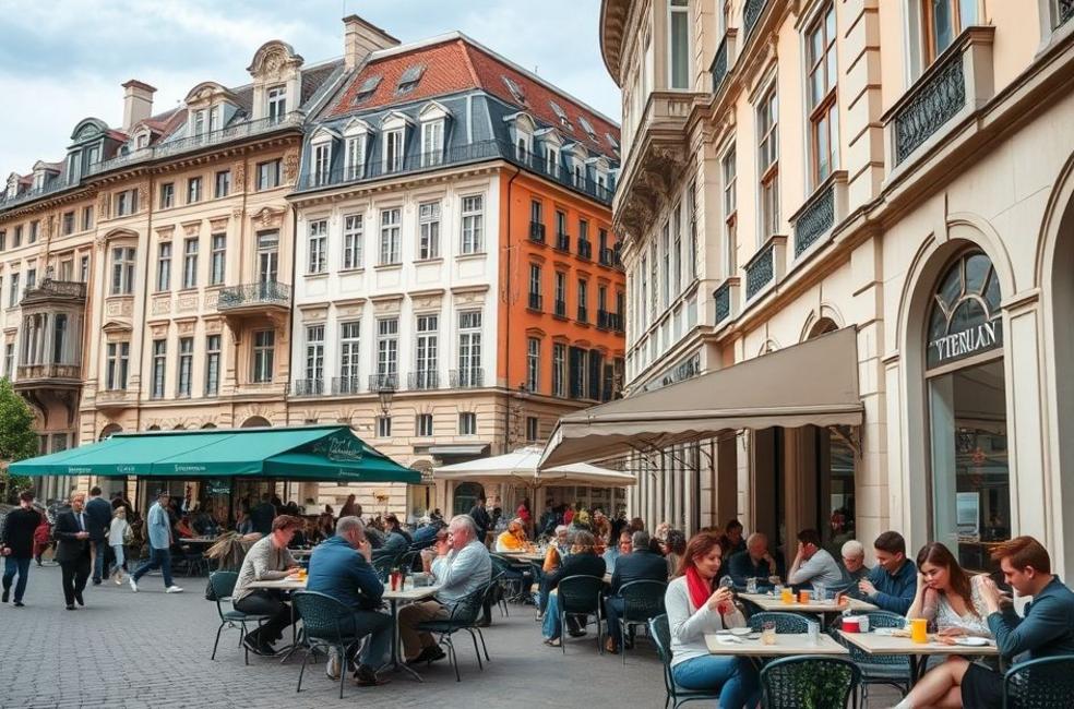 Cenário de uma rua em Viena, repleto de cafés elegantes e charme histórico.