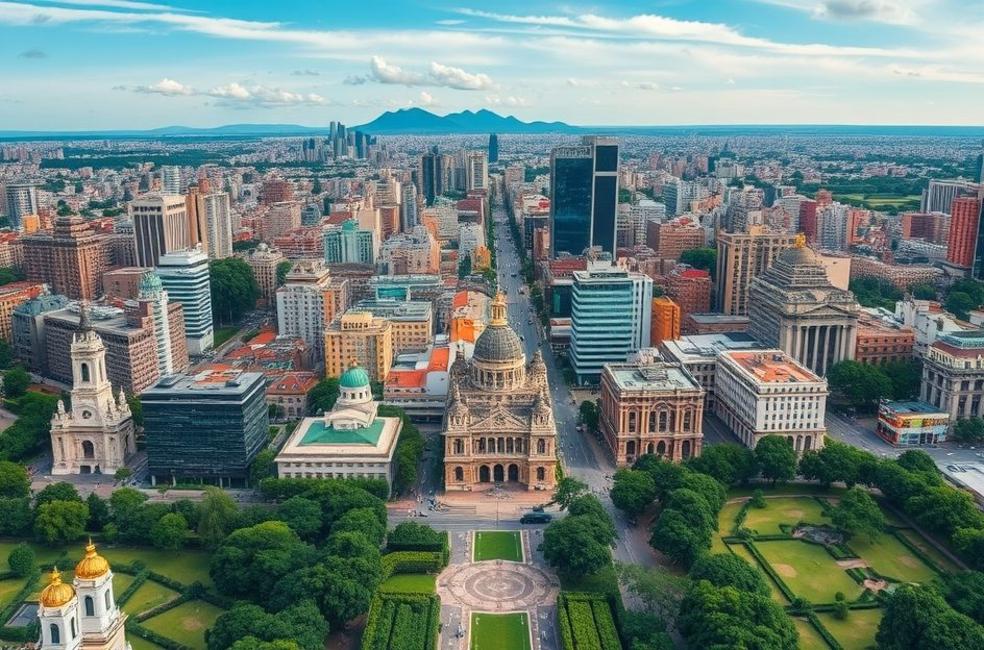 Vista aérea do horizonte de São Paulo, refletindo a mistura de arquitetura moderna e histórica.