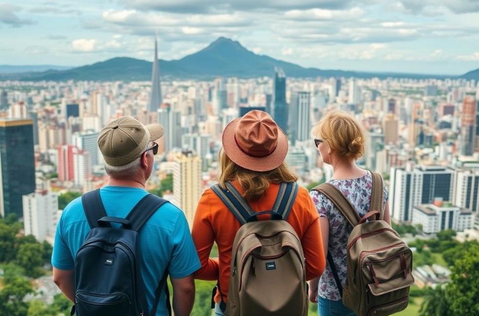 Viajantes contemplando a cidade de São Paulo, ansiosos para descobrir seus bairros.