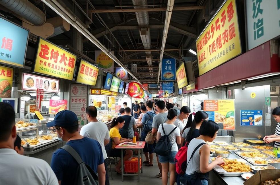 Hawker center in Singapore filled with locals enjoying traditional cuisine.
