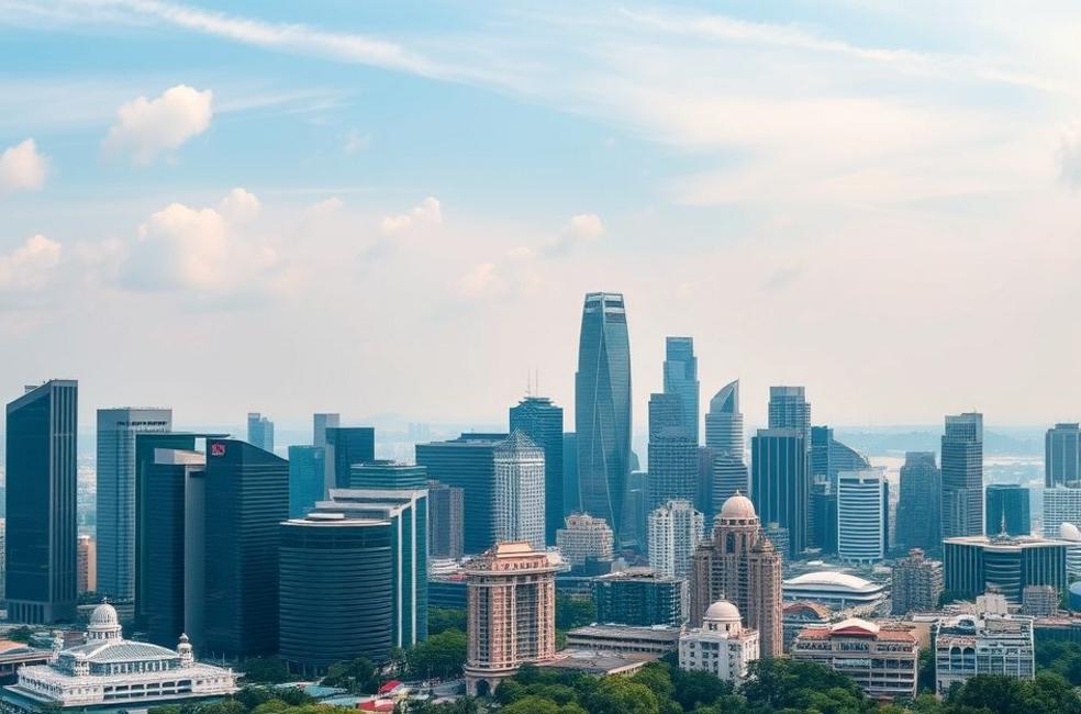 Vista panorâmica do horizonte de Singapura, mostrando arranha-céus modernos e edifícios históricos.