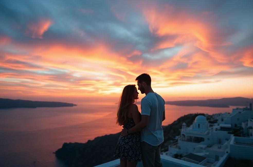 Silhueta de um casal apreciando o pôr do sol deslumbrante em Santorini, com o mar ao fundo.