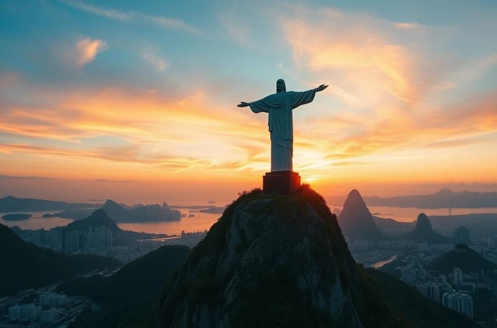Imagem do Cristo Redentor ao pôr do sol, representando a beleza e a essência do Rio de Janeiro.
