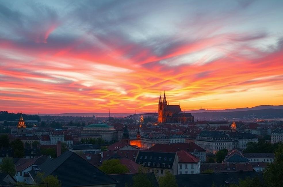 Vista do pôr do sol sobre Praga, destacando os edifícios históricos e a beleza da cidade.