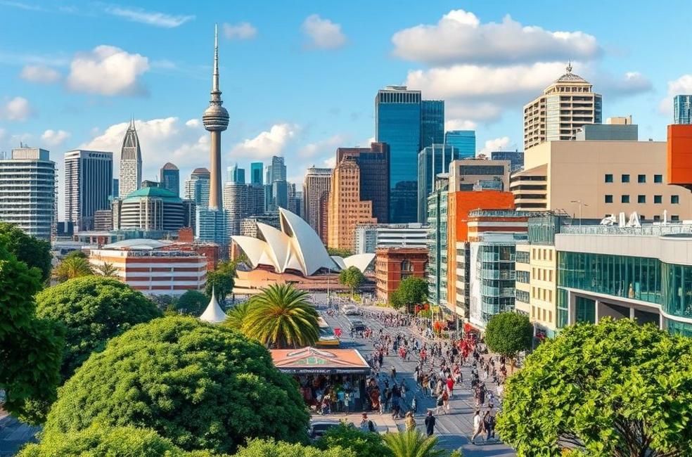 Cena urbana vibrante de Sydney com marcos icônicos e a diversidade das pessoas.