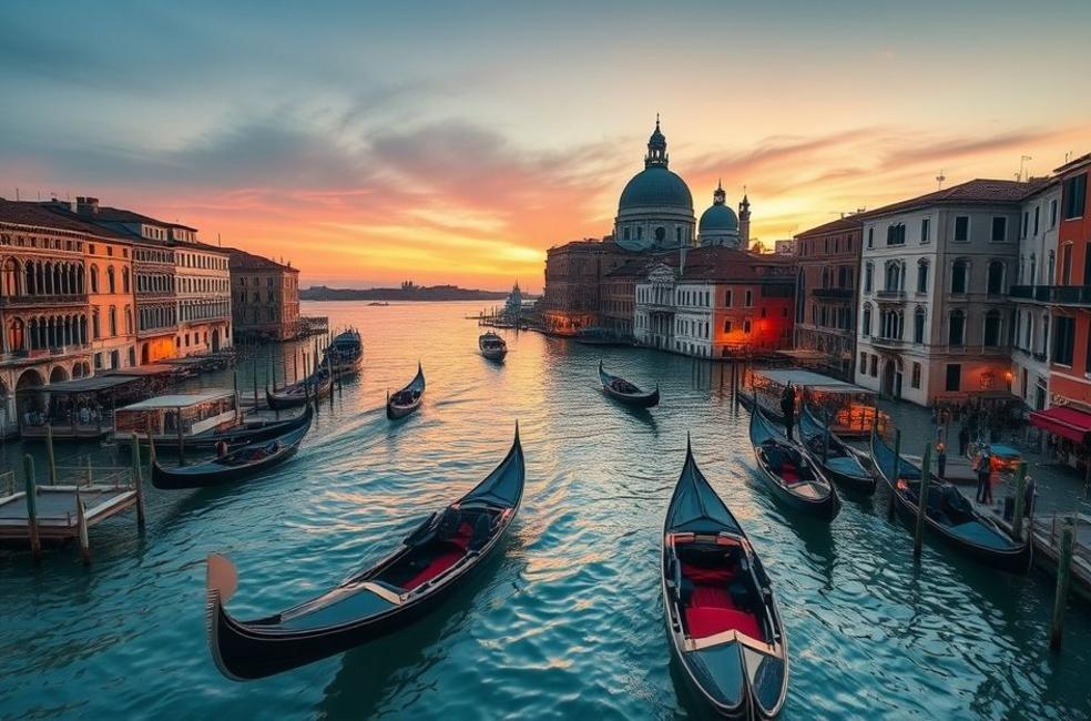 Canais de Veneza ao pôr do sol com gondolas