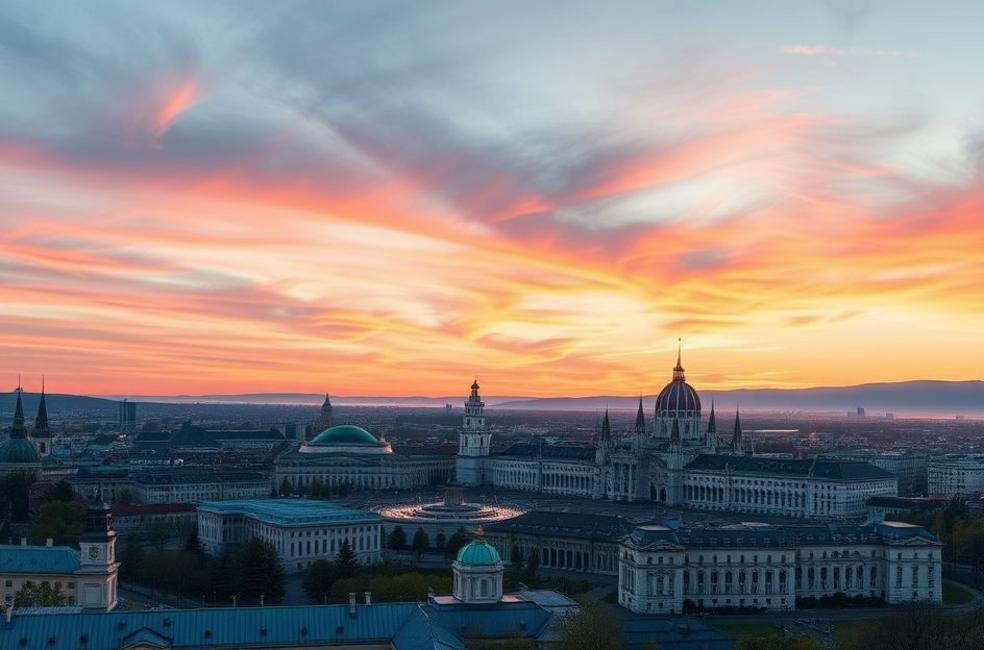 Céu colorido ao pôr do sol sobre o horizonte de Viena com seus marcos icônicos.