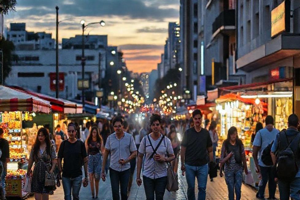 Pessoas passeando pelas ruas de Bogotá à noite, com vendedores de rua e luzes brilhantes.