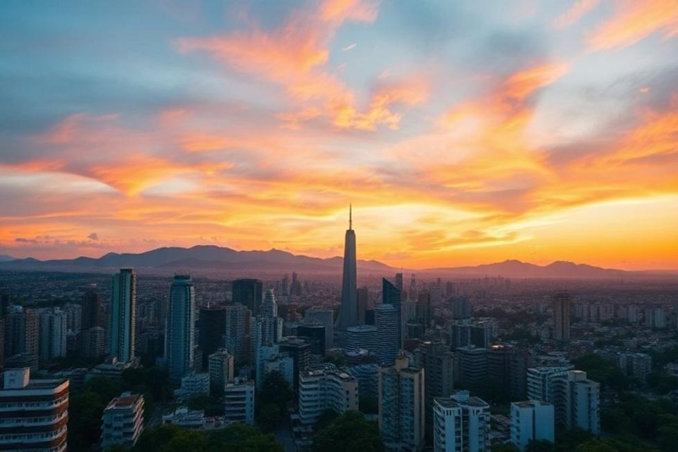O skyline de São Paulo ao pôr do sol, destacando a beleza urbana.