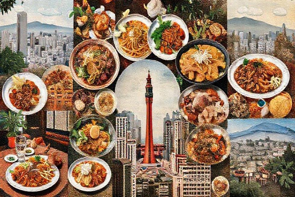 Colagem de pratos e cenas de restaurantes representando a culinária variada de São Paulo