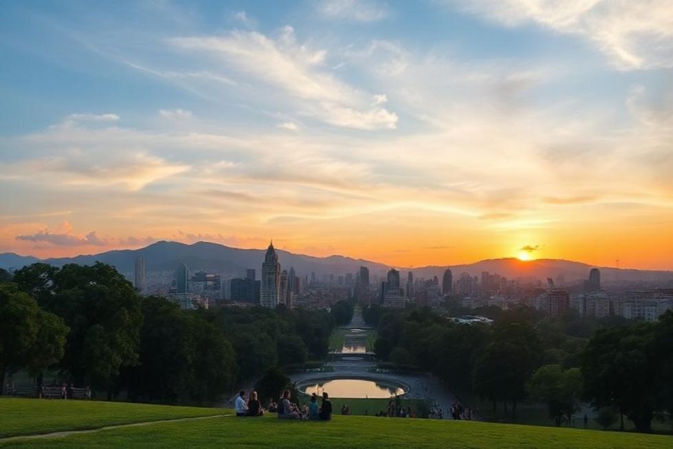 Pessoas relaxando no Parque Ibirapuera durante o pôr do sol.
