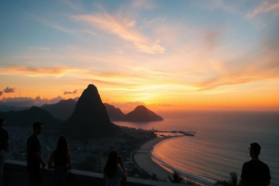 Pôr do sol sobre o Rio de Janeiro, com a montanha Pão de Açúcar ao fundo.