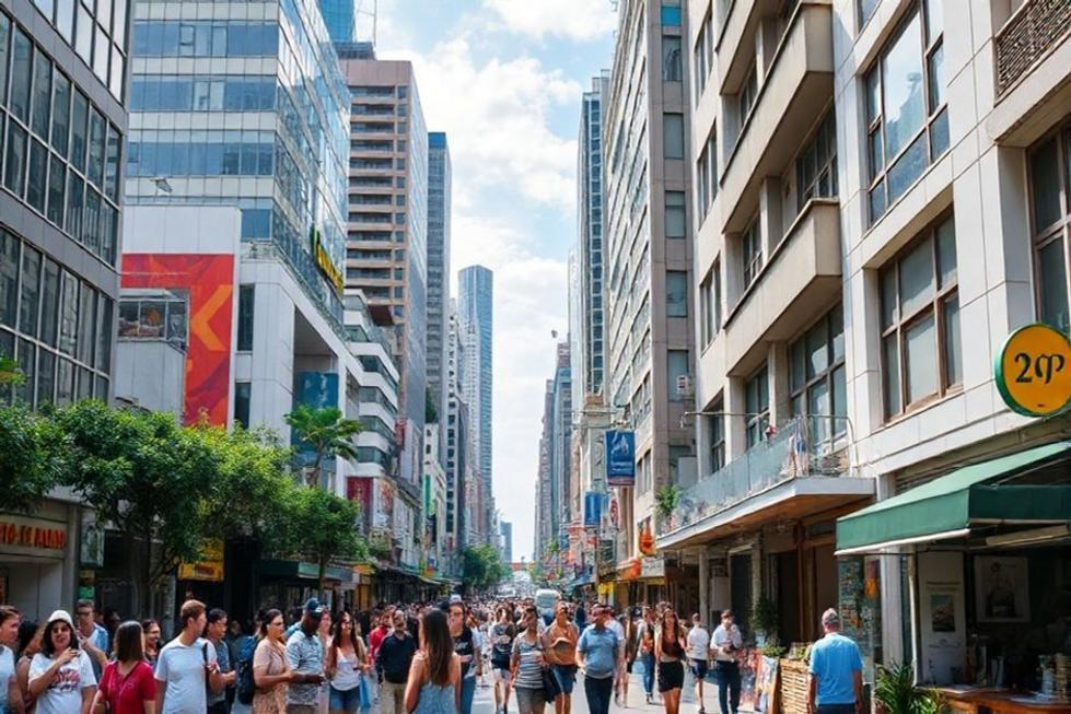 Uma rua movimentada em São Paulo, mostrando a vida urbana e as opções de hospedagem.