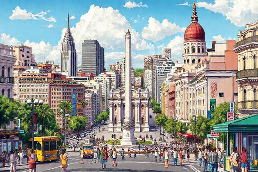 Uma imagem vibrante de Buenos Aires com suas ruas coloridas e marcos icônicos.