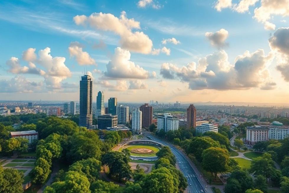 Vista panorâmica de Curitiba com natureza e urbanismo combinados.