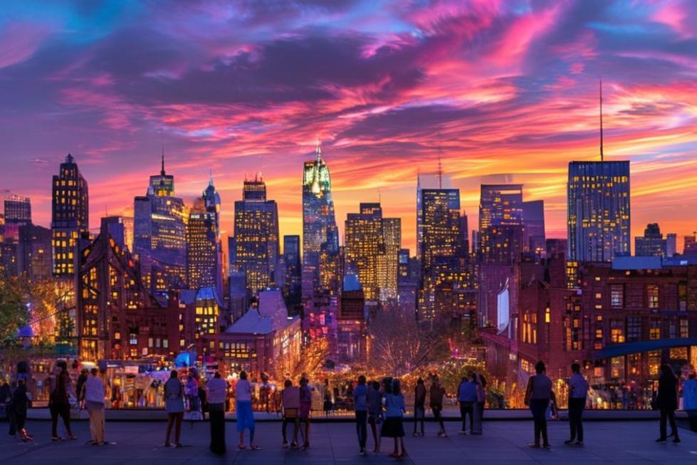 Cidade de Nova York iluminada ao entardecer, cheia de vida e famílias explorando.