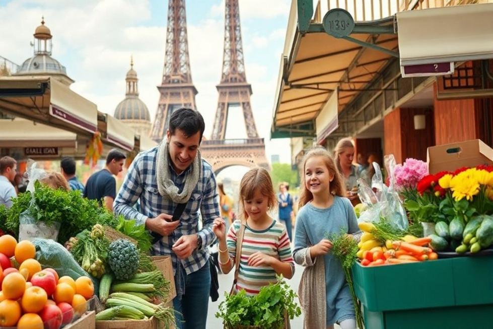 Uma família explorando um mercado em Paris.