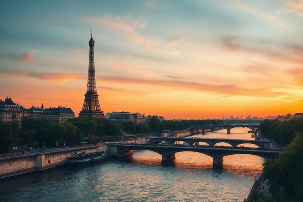 Vista do Rio Sena ao entardecer com a Torre Eiffel ao fundo, simbolizando a encantadora Paris.