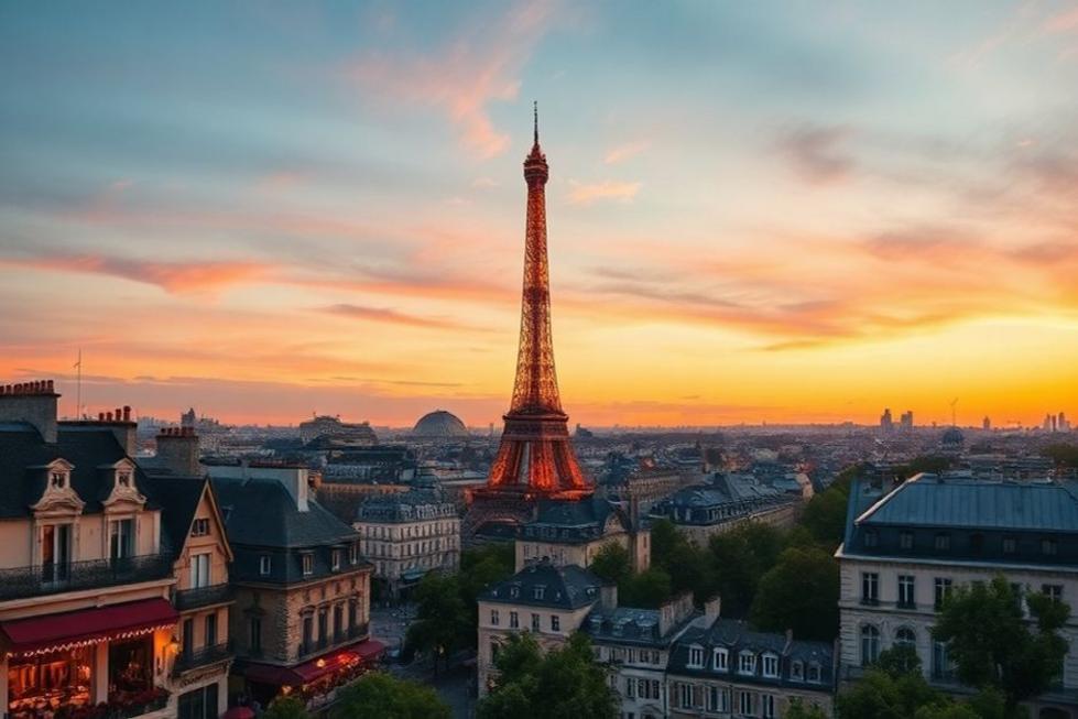 Vista de Paris ao pôr do sol com a Torre Eiffel.