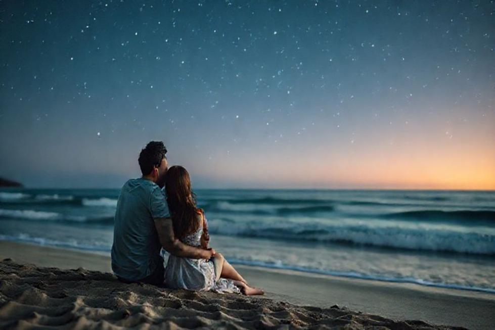 Casal compartilhando um momento à beira-mar sob o céu estrelado.