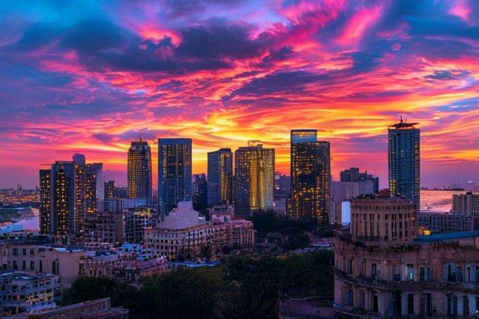 Horizonte de Buenos Aires ao entardecer com prédios modernos e históricos.