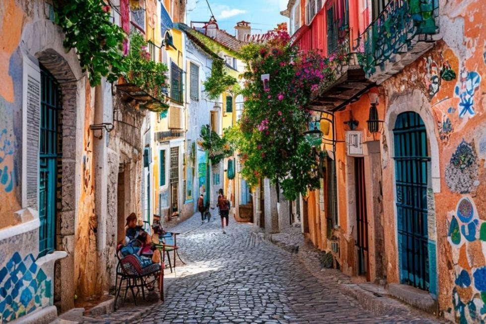 Ruas de Lisboa com visitantes e habitantes locais explorando as belezas da cidade.