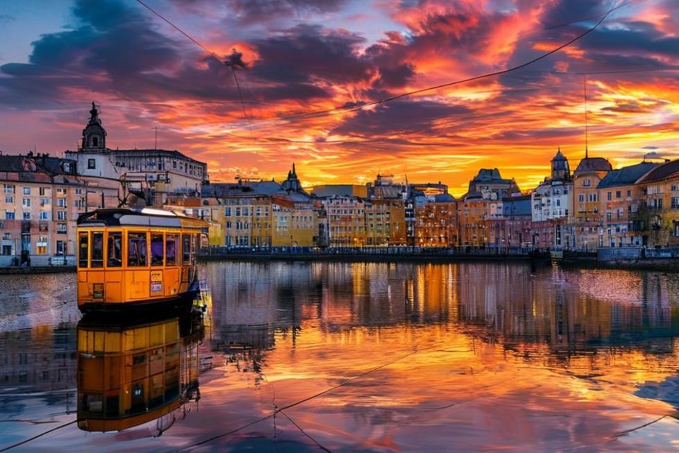 Skyline de Lisboa durante o pôr do sol com tram amarelo e edifícios históricos.