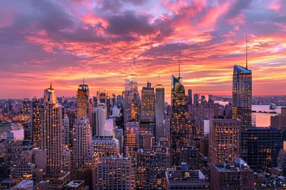 Skyline icônico de Nova York durante o pôr do sol.