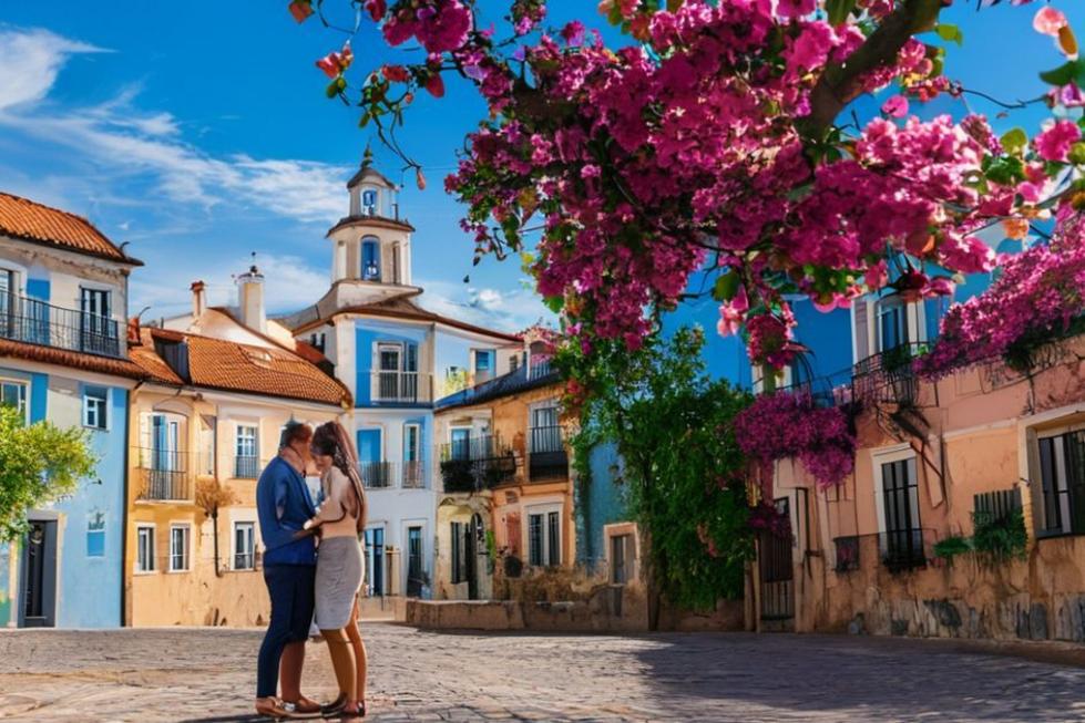 Casal apaixonado em frente a edifícios históricos de Lisboa.