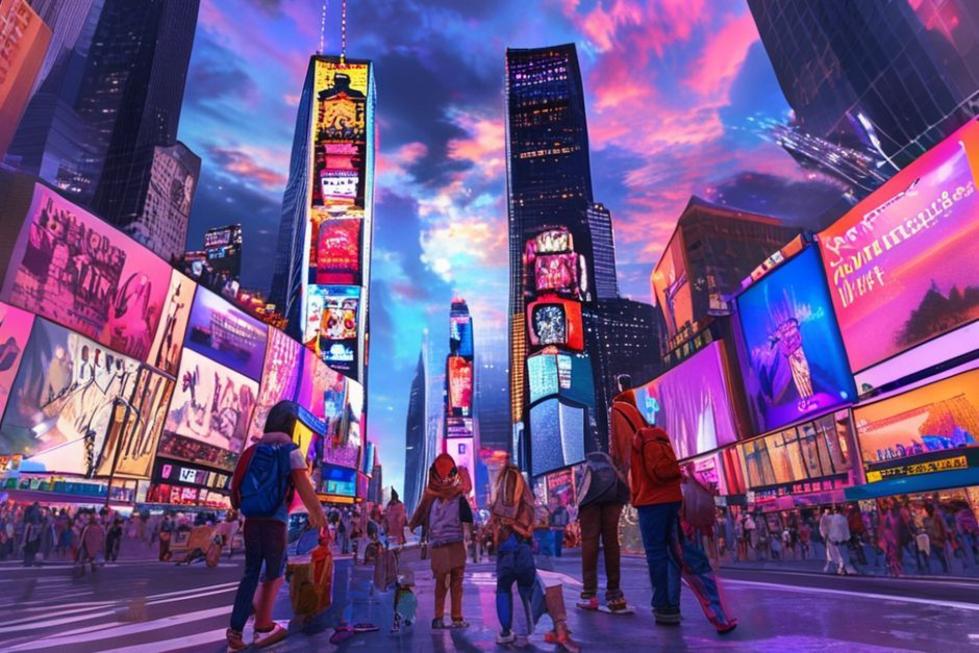 Família se divertindo em Times Square, Nova York.